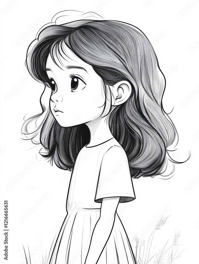 Young girl with flowing hair gazes thoughtfully in a serene, grassy setting on a bright day Young girl with flowing hair gazes thoughtfully in a serene, grassy setting on a bright day