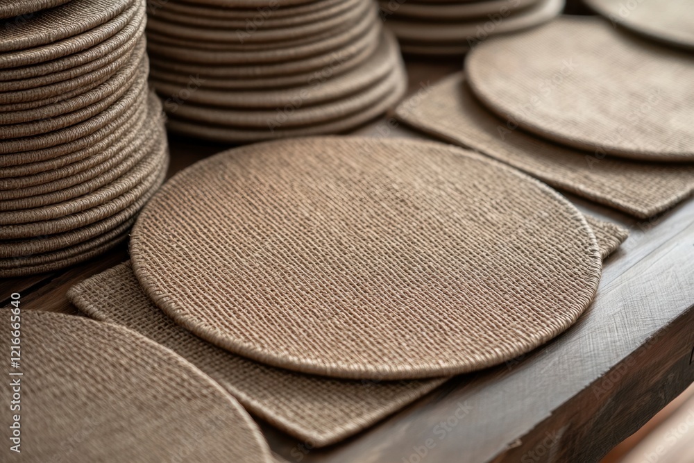 Round woven placemats stacked on a wooden table in a cozy setting Round woven placemats stacked on a wooden table in a cozy setting