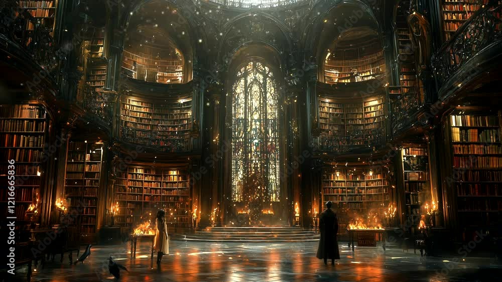 Grand library with towering bookshelves and glowing lights creating a magical atmosphere seamless looping 4k time-lapse animation video background Grand library with towering bookshelves and glowing lights creating a magical atmosphere seamless looping 4k time-lapse animation video background