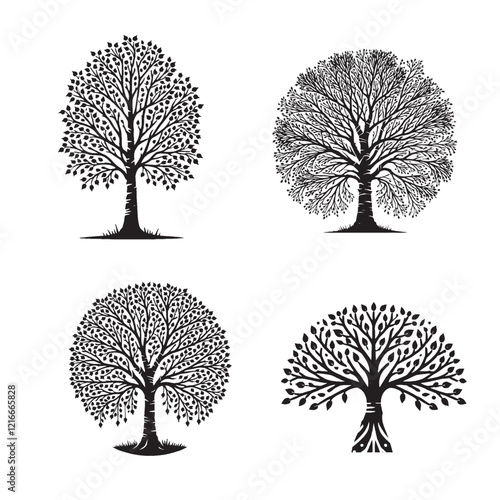 4 set of vector Black Silhouette of the Blackthorn Tree on White Background