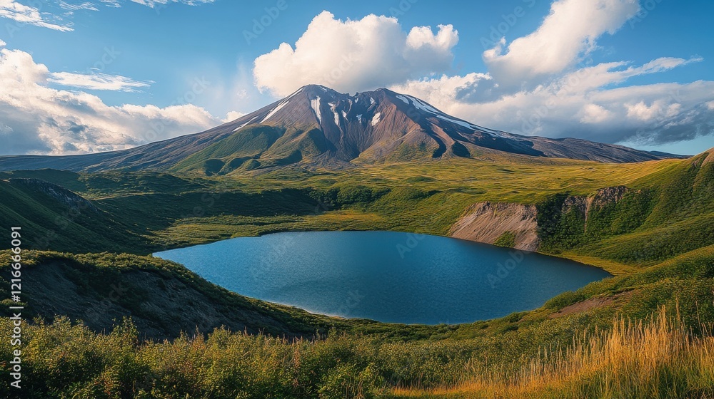 Majestic volcano stands over tranquil lake under a blue sky with scattered clouds in a serene natural landscape during daytime Majestic volcano stands over tranquil lake under a blue sky with scattered clouds in a serene natural landscape during daytime
