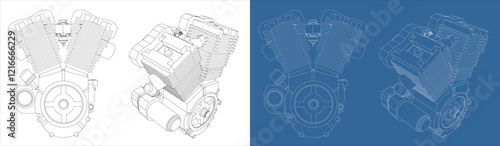 line drawing Motorcycles engine V-twin  technical blueprints Illustration Side view. vector isolated on transparent background