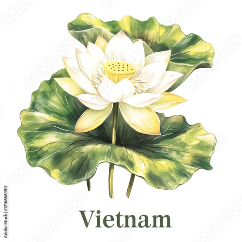 Beautiful white lotus flower with green leaves, isolated on a white background. photo