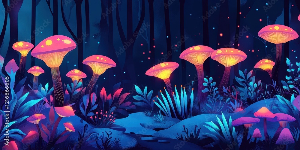 Glowing Mushrooms Illuminate A Magical Forest Scene Glowing Mushrooms Illuminate A Magical Forest Scene