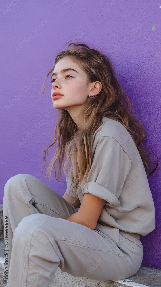 Woman sitting outdoors by purple wall, looking up. Stock photo Woman sitting outdoors by purple wall, looking up. Stock photo