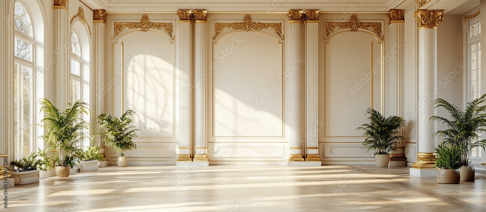 Fototapeta premium Sunlit Grand Ballroom with Gilded Details and Lush Greenery