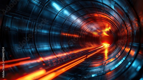 3D abstract sci-fi and tech background. Metal tunnel with a red light trail.  photo