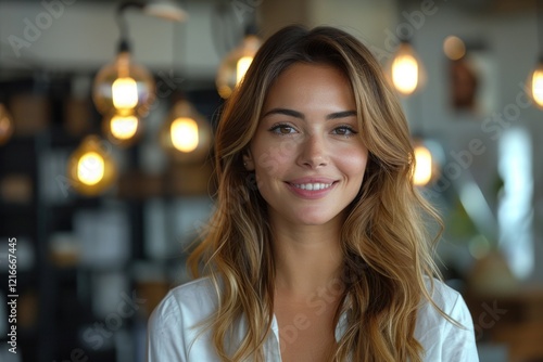 Wallpaper Mural Portrait of a Beautiful Young Woman in a Coffee Shop, Smiling Torontodigital.ca