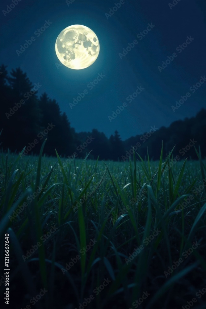 Fototapeta premium Dense blades of long grass sway in moonlight darkness, nocturnal atmosphere,