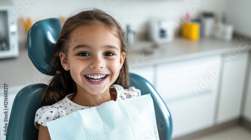 Young girl smiles brightly in dental clinic during her checkup while holding a dental bib photo