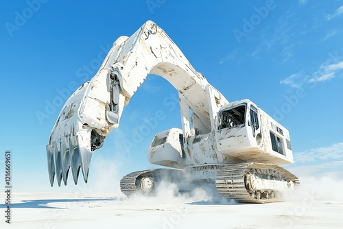 
Massive white excavator working in a dusty, barren landscape under a bright blue sky, symbolizing industrial power and construction technology photo