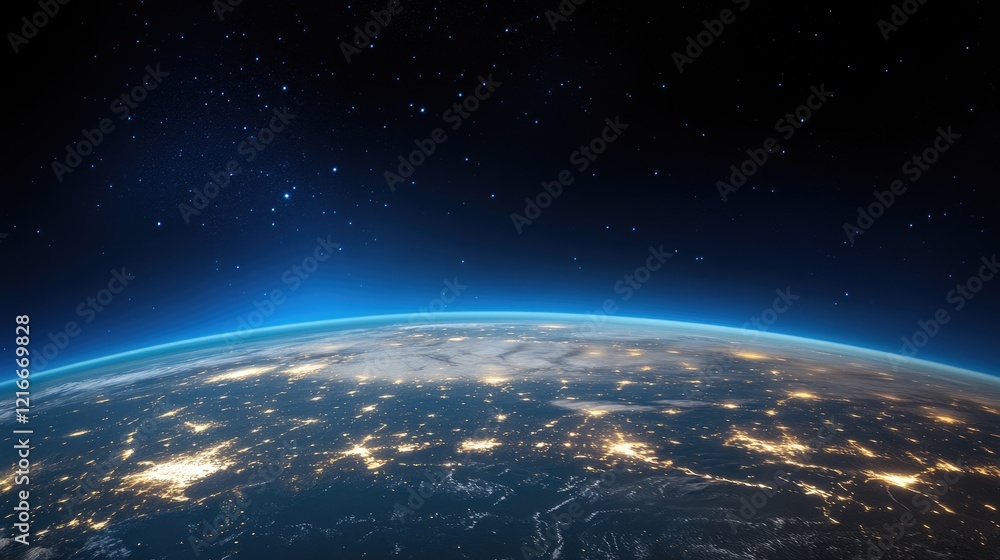 Fototapeta premium A person stands with arms raised in victory on a mountain peak, illuminated by a glowing light against a spectacular starry sky