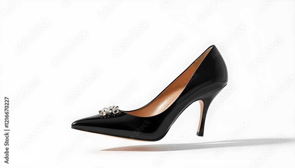Pair of sophisticated black high heels, featuring a glamorous rhinestone embellishment. Pair of sophisticated black high heels, featuring a glamorous rhinestone embellishment.