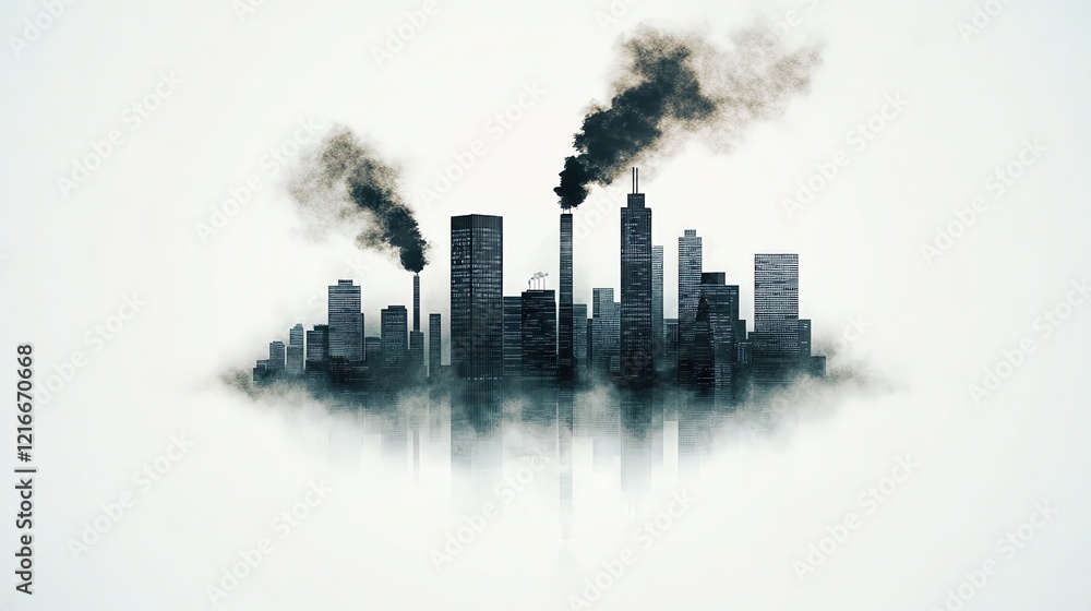 Fototapeta premium Air pollution Air Quality Index (AQI) Polluted cityscape with smoke and fog.