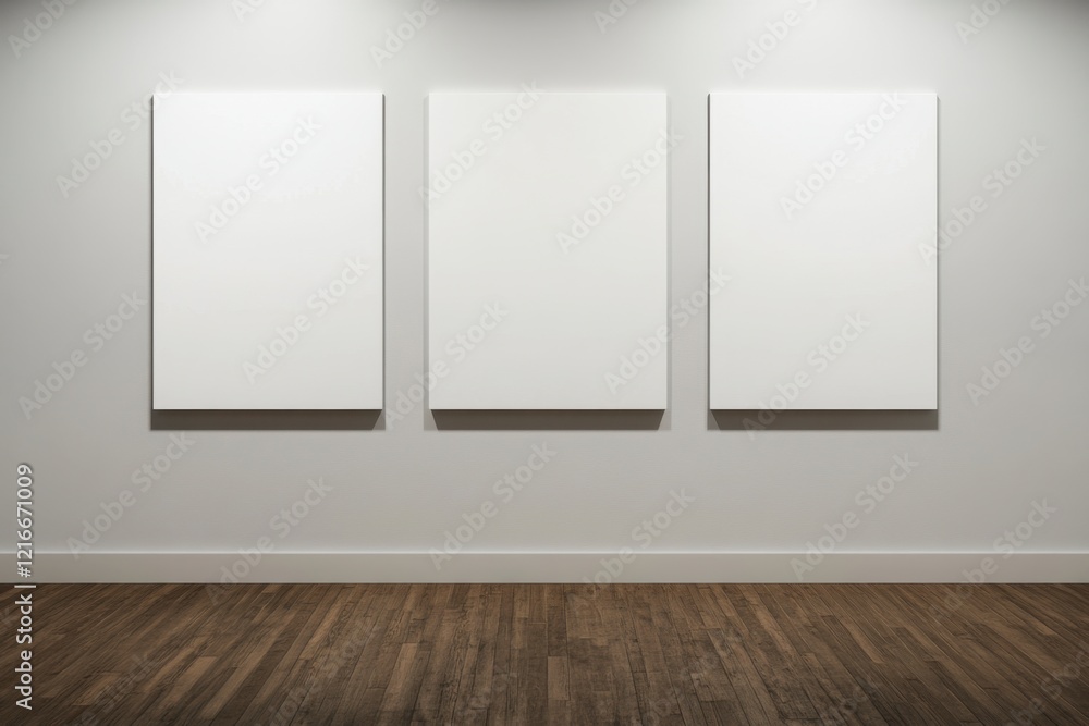 Empty Gallery Wall with Three Blank Canvases for Art Display Empty Gallery Wall with Three Blank Canvases for Art Display