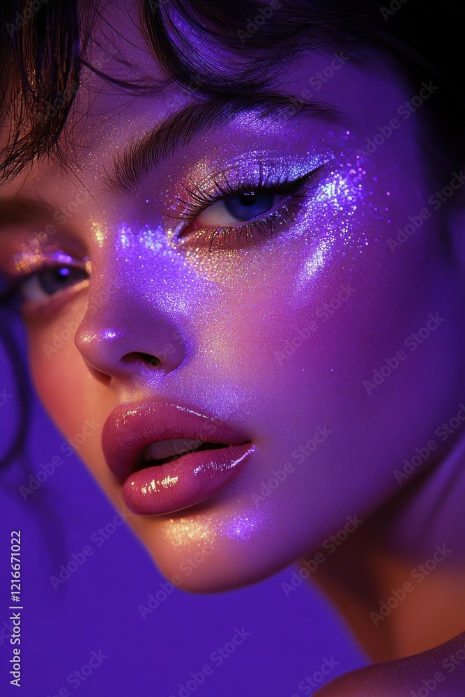 Close-up of a model showcasing radiant makeup with shimmering highlights and vibrant lighting effects in a studio setting Close-up of a model showcasing radiant makeup with shimmering highlights and vibrant lighting effects in a studio setting