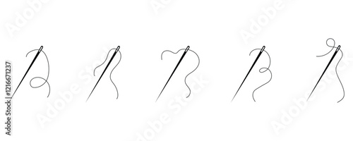 Set of needle with thread vector icons, silhouette with sewing needle with thread icons isolated on white background.