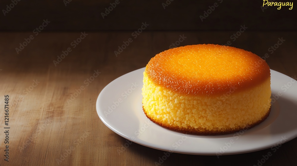 Delicious golden cake on a white plate, wooden background, inviting dessert. Delicious golden cake on a white plate, wooden background, inviting dessert.