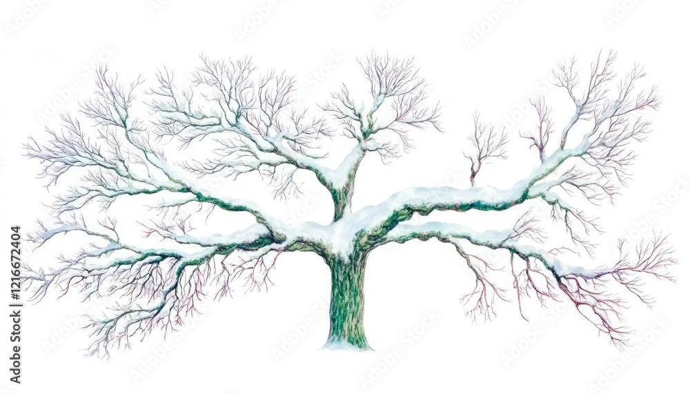 Snow-covered tree with intricate branches stands alone in a serene winter landscape, evoking tranquility Snow-covered tree with intricate branches stands alone in a serene winter landscape, evoking tranquility