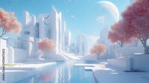 3D illustration of a futuristic white city on a bright sunny day.