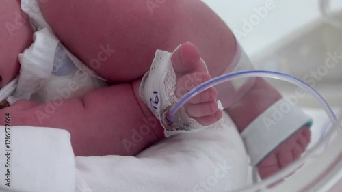 Close up of an infant in critical care unit's incubator