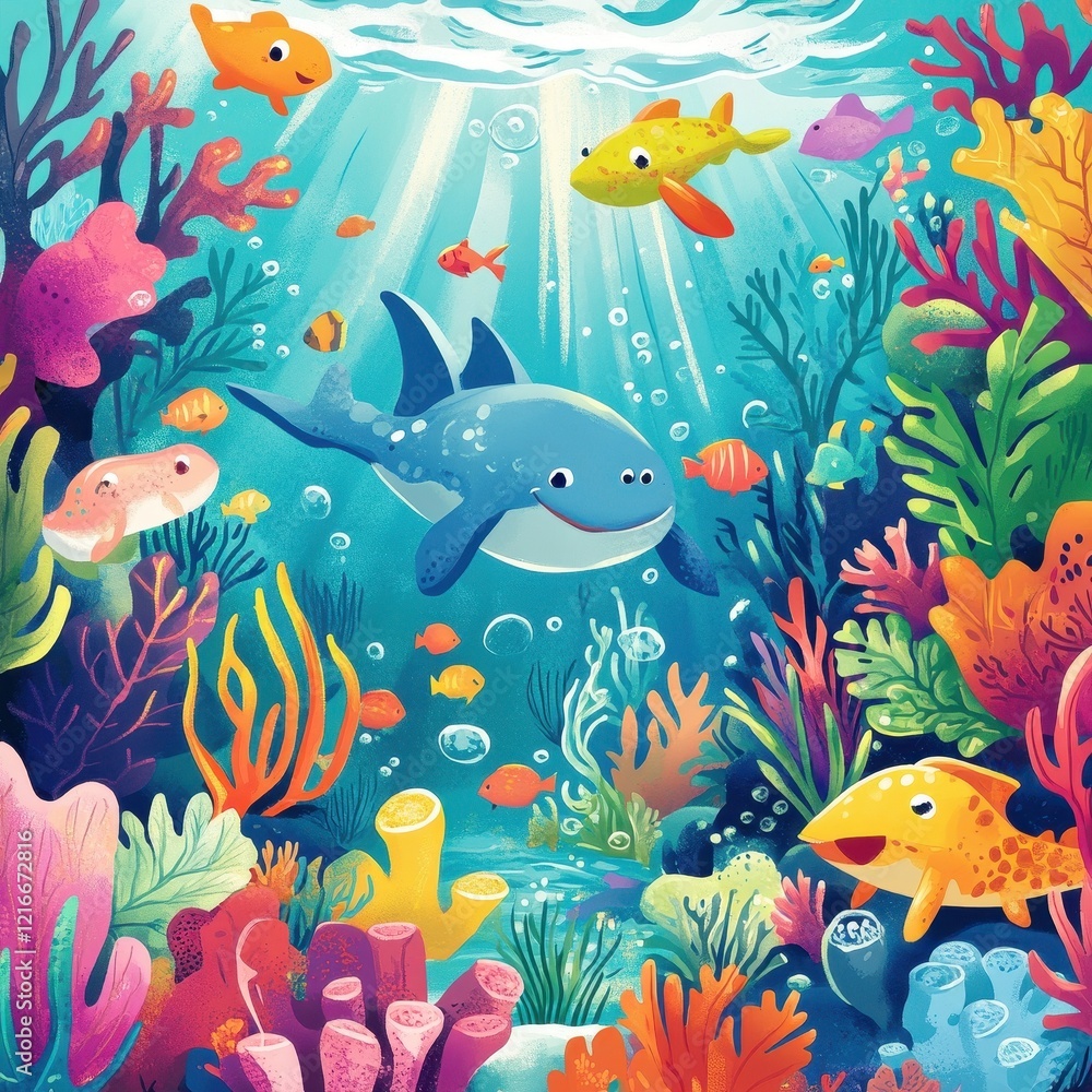 Naklejka premium Vibrant Underwater Scene With Colorful Fish And Coral