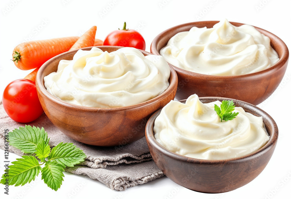 Set collection of three bowls of sour cream isolated on transparent or white background, png Set collection of three bowls of sour cream isolated on transparent or white background, png