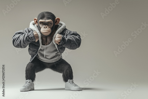 anthropomorphic chimpanzee bodybuilder striking a dynamic pose, showcasing impressive muscles and strength. This playful and powerful character blends animal and human traits for a bold, banner photo