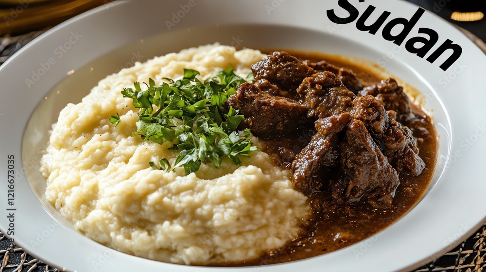Delicious Sudanese dish featuring meat and creamy mashed ingredients. Delicious Sudanese dish featuring meat and creamy mashed ingredients.