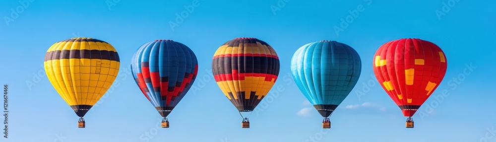 Obraz premium Colorful hot air balloons ascending against a clear blue sky, showcasing vibrant patterns and creating a cheerful atmosphere.