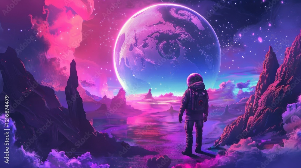Obraz premium A vibrant cosmic scene featuring an astronaut against a colorful planet backdrop.
