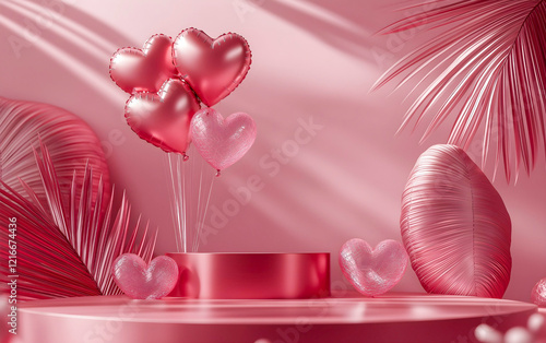 3D scene of heart shape balloons and podium for product or sale presentation. Celebrate love. Happy Valentine’s Day greeting card, header website and social media post. photo