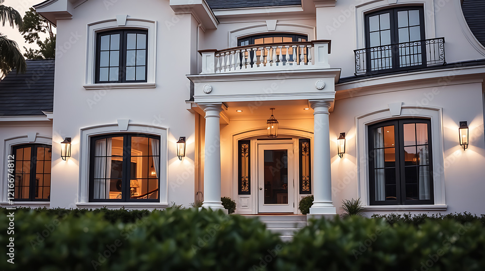 Fototapeta premium Majestic White House Exterior at Dusk: Elegant Architecture and Classic Design. Discover the allure of luxury real estate with this stunning property.