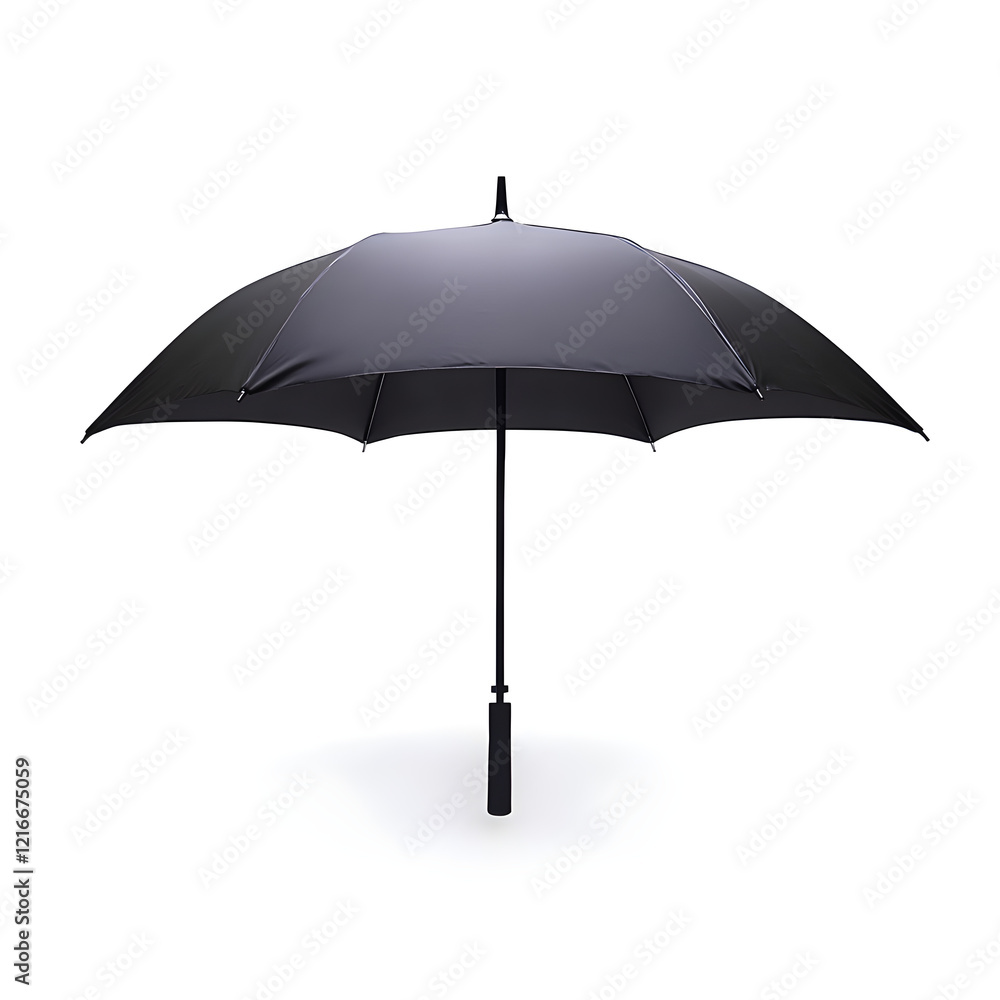 Open black umbrella on plain white background representing protection from elements, safety, insurance, and preparedness Open black umbrella on plain white background representing protection from elements, safety, insurance, and preparedness