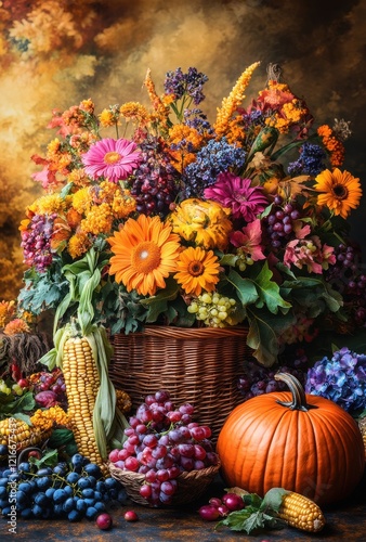 Wallpaper Mural Vibrant Autumn Harvest Arrangement with Colorful Flowers, Fresh Fruits, and Decorative Pumpkin on Rustic Background Perfect for Seasonal Celebrations Torontodigital.ca