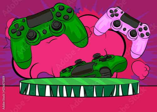 Comic Book Product podium stage for mockup presentation with Gaming controller. Retro comics background.