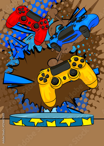 Comic Book Product podium stage for mockup presentation with Gaming controller. Retro comics background.