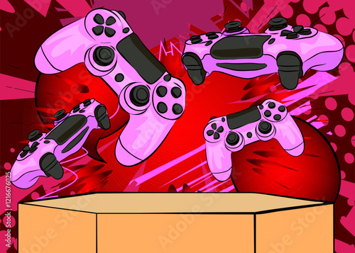 Comic Book Product podium stage for mockup presentation with Gaming controller. Retro comics background.