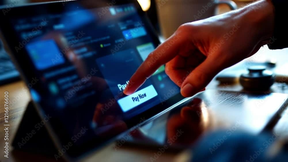 Hand touches pay now button on tablet screen for online transaction Hand touches pay now button on tablet screen for online transaction