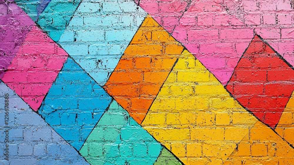 Colorful geometric pattern painted on a brick wall. Colorful geometric pattern painted on a brick wall.