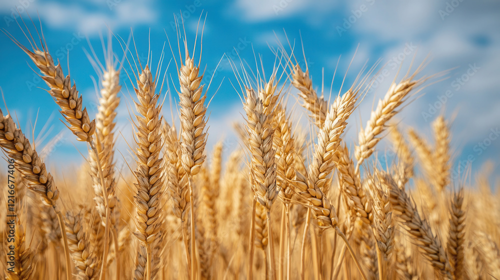 Golden wheat field under a blue sky with clouds showcasing ripe ears swaying gently in the breeze during summer harvest season Golden wheat field under a blue sky with clouds showcasing ripe ears swaying gently in the breeze during summer harvest season