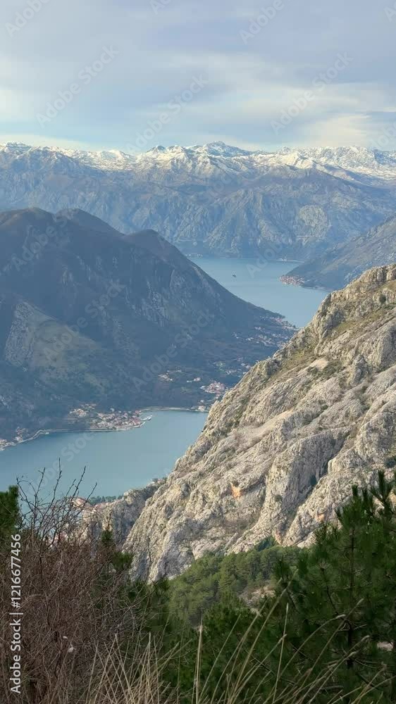 Panoramic view of Kotor Bay Boca and mountains from mountain view point in Montenegro in winter time Panoramic view of Kotor Bay Boca and mountains from mountain view point in Montenegro in winter time