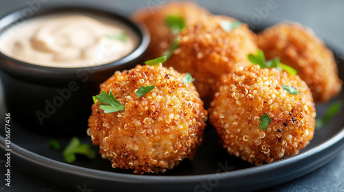 Delicious fried quinoa bites served with creamy picante sauce on a stylish plate for a flavorful snack experience photo