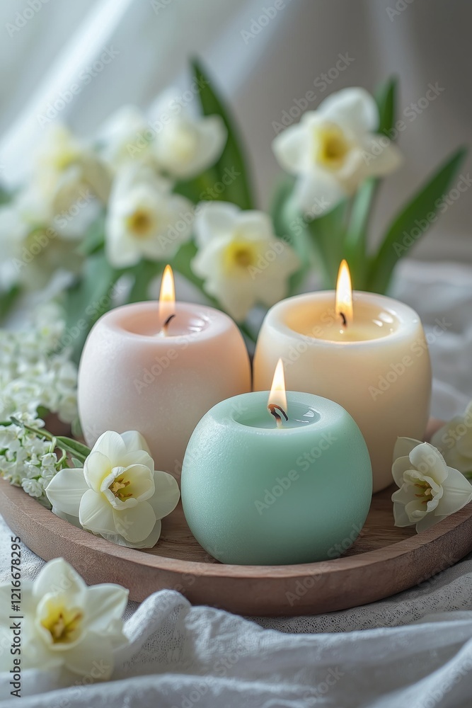 Soft pastel candles glowing on a round wooden tray, accented with daffodils and gentle spring light Soft pastel candles glowing on a round wooden tray, accented with daffodils and gentle spring light
