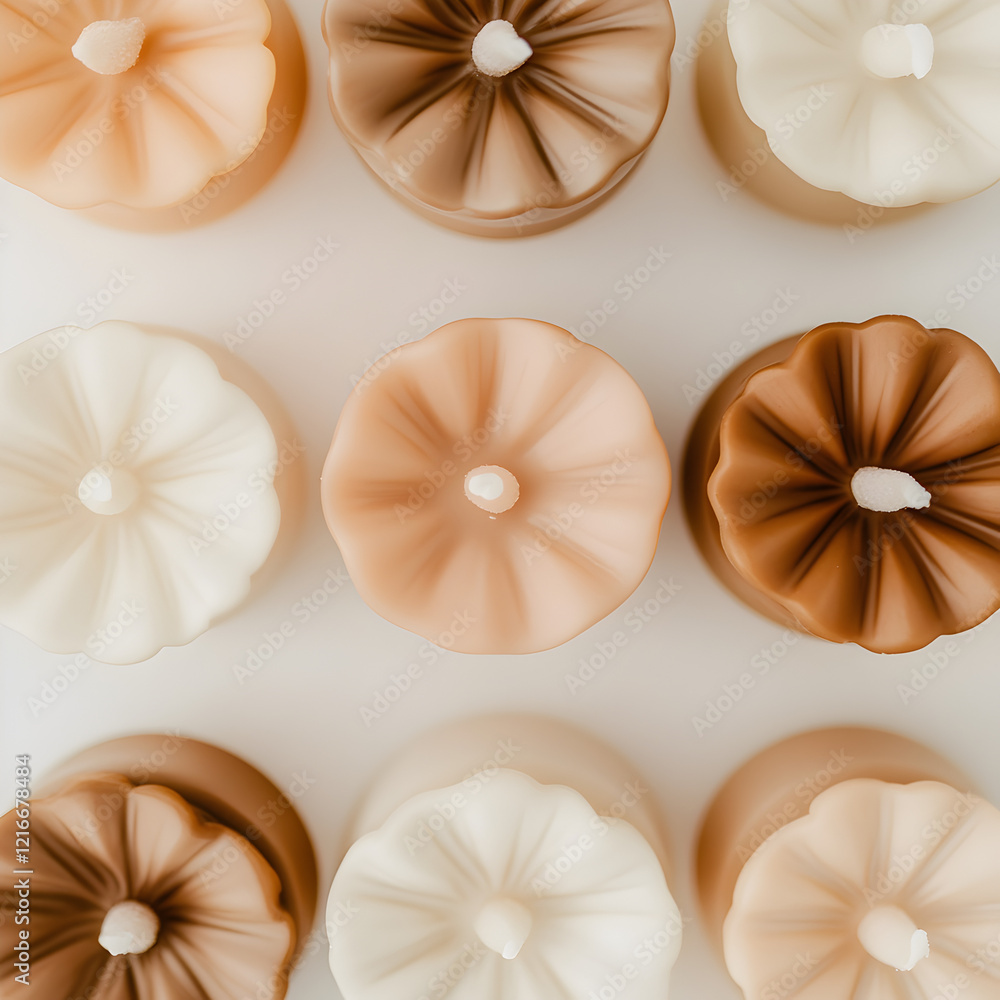 Obraz premium A top-down close-up of decorative candles with flower-shaped tops, arranged in a radial pattern. The candles feature earthy tones like caramel, beige, and terracotta. 