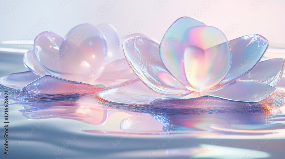Fototapeta premium A serene composition featuring abstract metallic petals arranged harmoniously on a reflective crystal surface, surrounded by soft foggy light and dreamy pastel tones. Glowing highlights create a futur