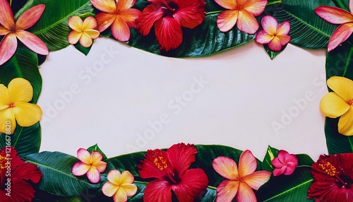 A beautiful vibrant floral-themed background featuring tropical flowers such as hibiscus and frangipan, with a blank center for text, wallpaper, banner, poster, template. photo