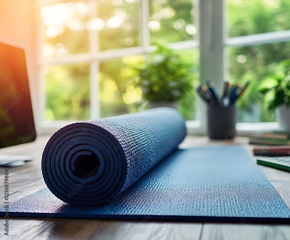 A yoga mat rolled up and stored neatly beside a modern office desk. A yoga mat rolled up and stored neatly beside a modern office desk.