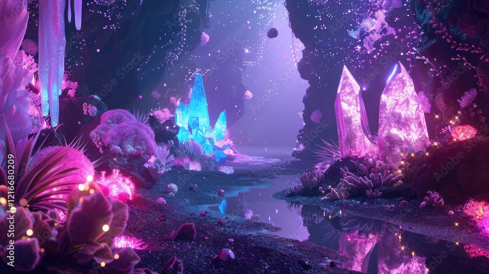 Obraz premium A mystical cave filled with colorful crystals, glowing plants, and a serene waterway.