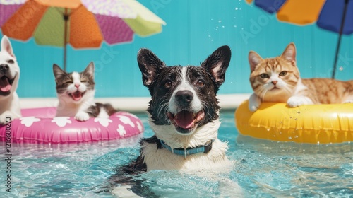 A joyful dog swims in a pool surrounded by playful cats on floaties, capturing a fun summer vibe.